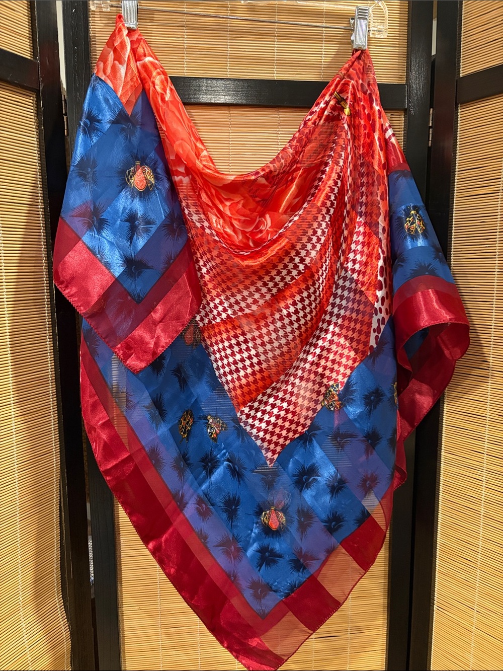 Vibrant Red and Blue Patterned Silk Scarf